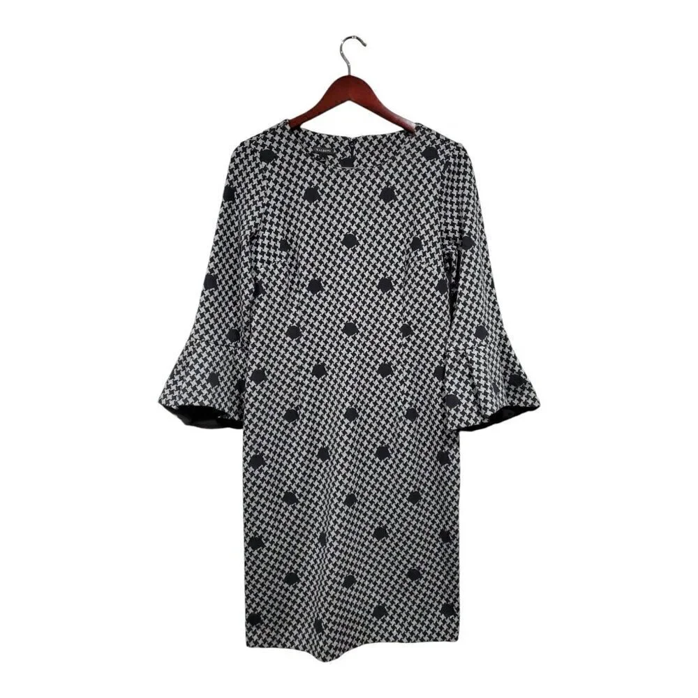Talbots Womens Black Gray Polka Dot 3/4 Bell Sleeve Sheath Dress NWT Sz 6